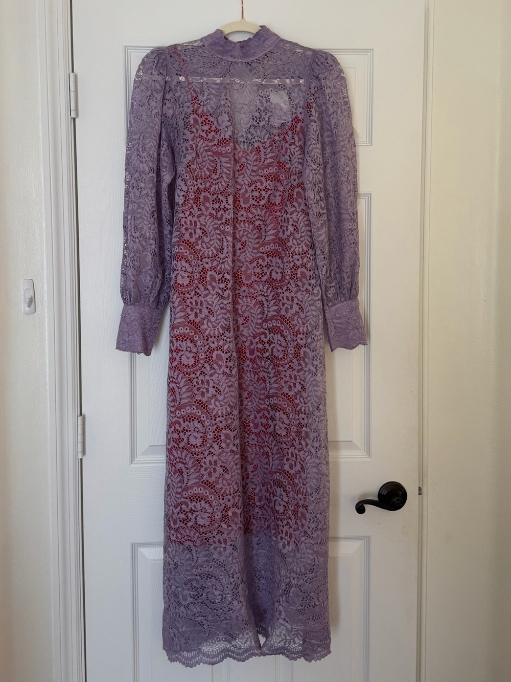 NWT Farm Rio Lavender Lace Long Sleeve Midi Dress with Removable Red Slip